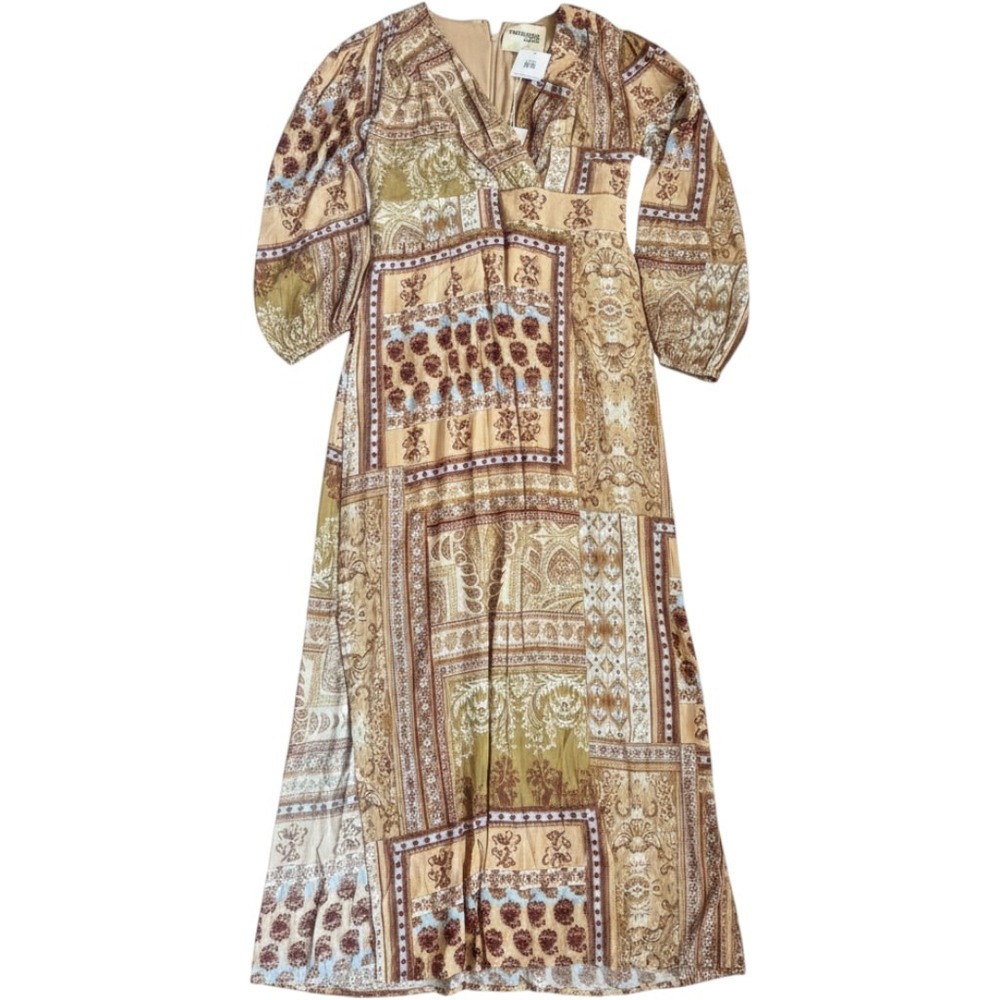 Savanna Jane Classy Printed Maxi Dress Tan Patchwork Floral Paisley Size M NWT